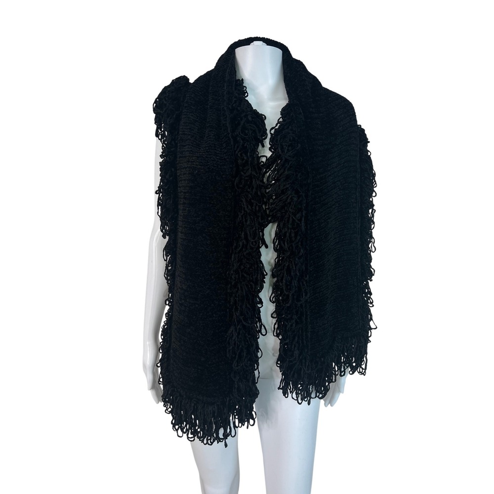 Nordstrom Black Chenille Scarf Loop Fringe Shaggy Oversize Wrap Boho Granny